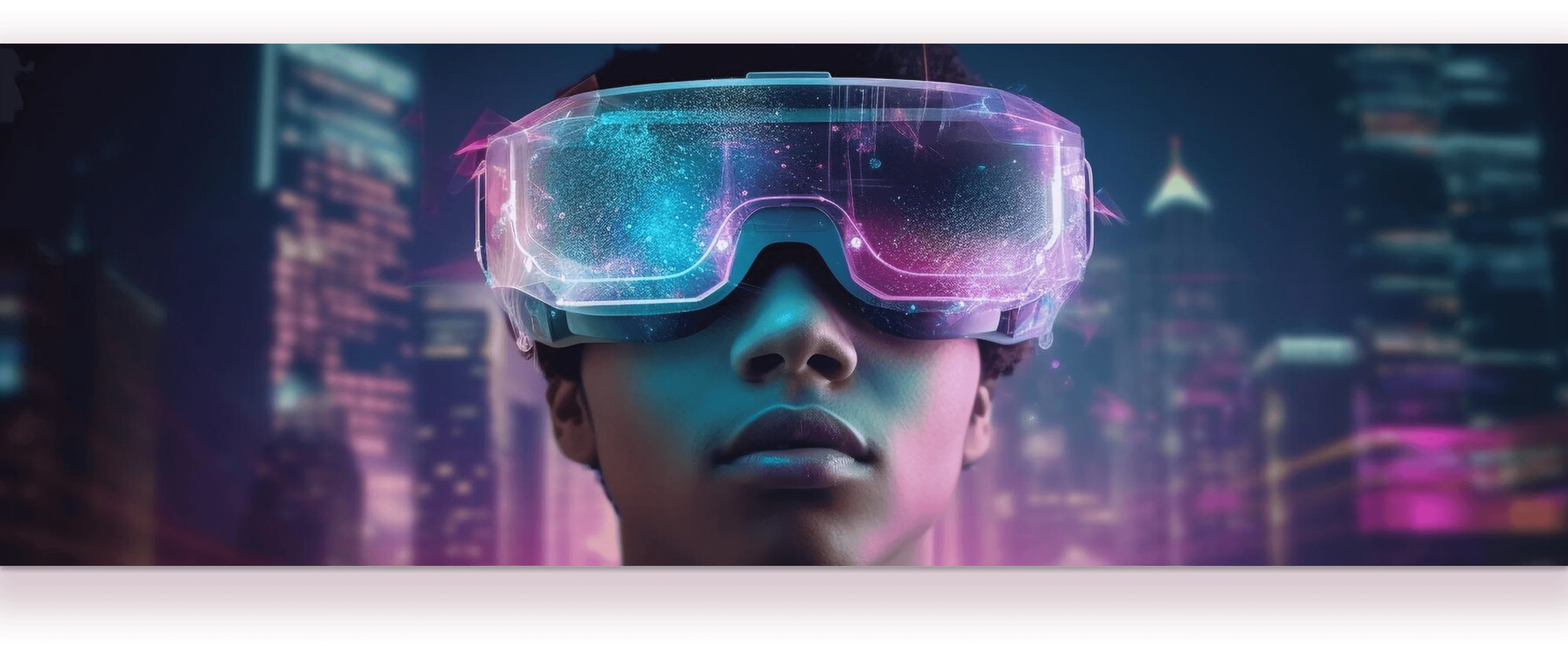 Person wearing futuristic AR glasses in a neon city